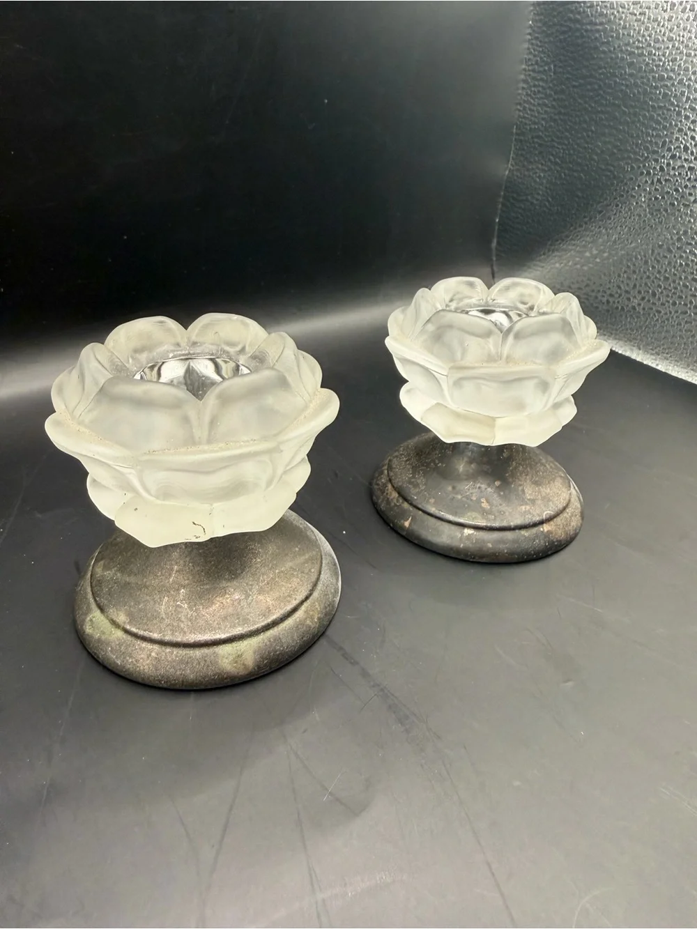 Pair Frosted Glass Flower Tealight Candle Holders Vintage Style